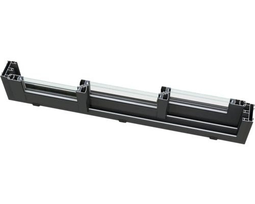 Querschnitt eines schwarzen Fensterrahmens mit Glas