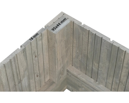 Detailansicht einer Holzverkleidung mit den Maßen 95 x 44 Millimeter und 18 Millimeter