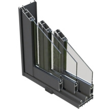 Querschnitt eines Fensters mit Rahmen und Dreifachverglasung