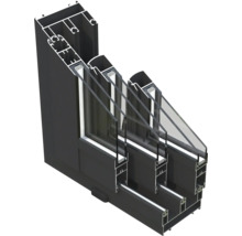 Querschnitt eines schwarzen Aluminiumfensterrahmens mit Dreifachverglasung