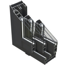 Schnittansicht eines schwarzen Aluminiumfensterrahmens mit Dreifachverglasung