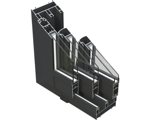 Schnittansicht eines schwarzen Aluminiumfensterrahmens mit Dreifachverglasung