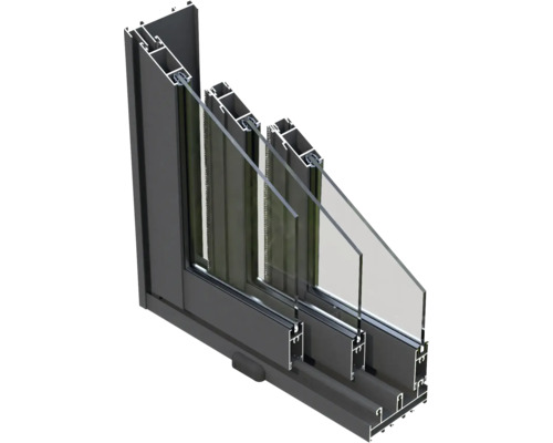 Querschnitt eines Fensters mit Mehrfachverglasung für verbesserte Wärmedämmung