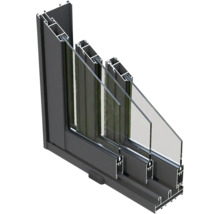 Querschnitt eines Aluminiumfensters mit Dreifachverglasung zur Darstellung des Aufbaus