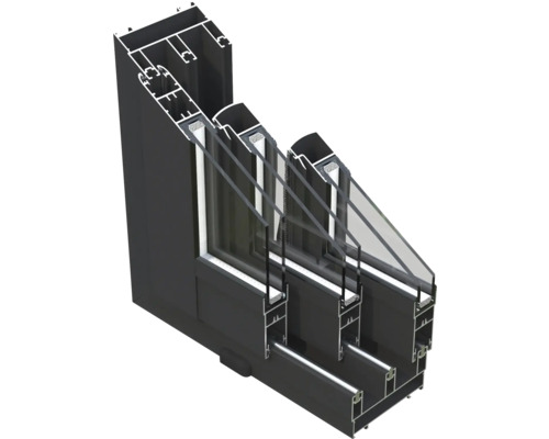 Querschnitt eines Fensters mit Dreifachverglasung und Aluminiumrahmen