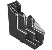 Schnittansicht eines Fensters mit Dreifachverglasung und Rahmenprofil.
