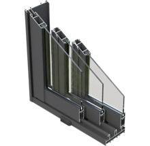 Schnittansicht eines Schiebefensters mit Aluminiumrahmen und Mehrfachverglasung