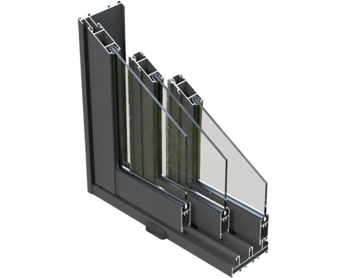 Schnittansicht eines Schiebefensters mit Aluminiumrahmen und Mehrfachverglasung