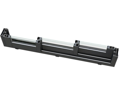 Querschnitt eines schwarzen Fensterrahmens mit Glas