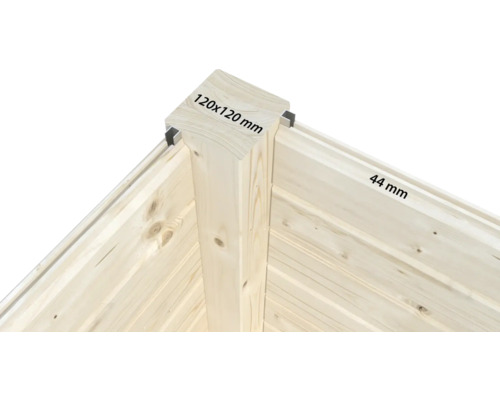 Holzeck mit den Maßen 120 x 120 Millimeter und 44 Millimeter