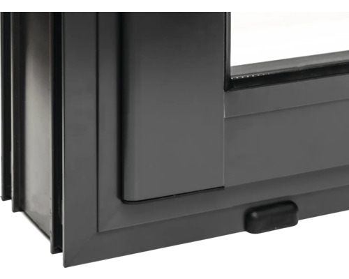 Detailansicht eines grauen Schiebefensters aus Kunststoff