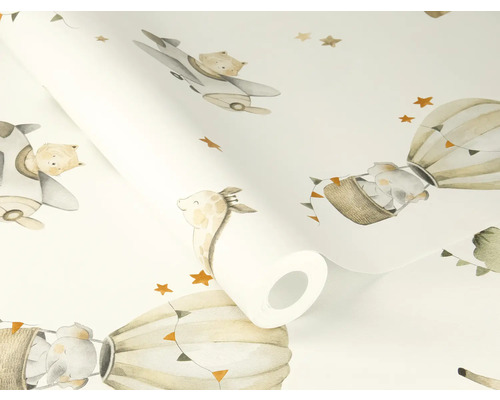 Tapetenrolle mit Tiermotiven wie Elefanten, Giraffen, Bären und Flugzeugen für Kinderzimmer