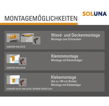 Montageanleitung für Soluna Produkte: Wand- und Deckenmontage zum Schrauben, Klemmmontage mit Klemmträger und Klebemontage mit Klebeträger