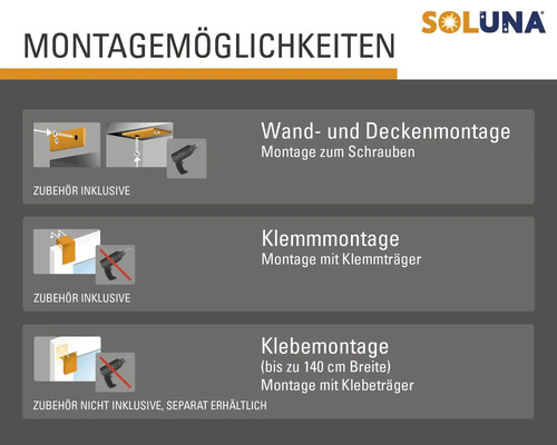 Montageanleitung für Soluna Produkte: Wand- und Deckenmontage zum Schrauben, Klemmmontage mit Klemmträger und Klebemontage mit Klebeträger
