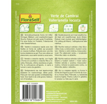 Verpackung von Feldsalat der Sorte 'Verte de Cambrai' der Marke FloraSelf mit Informationen zu Eigenschaften und Anbau