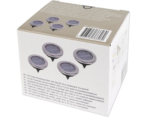 Verpackung von vier LED Solar Bodenleuchten, Durchmesser 7,2 Zentimeter, aus Edelstahl und Kunststoff