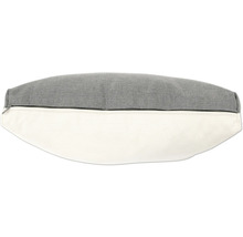 Dekokissen mit Reißverschluss, grauer Oberseite und hellem Unterteil.