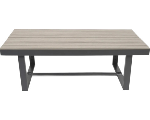 Rechteckiger Gartentisch mit Holzplatten und Metallbeinen.
