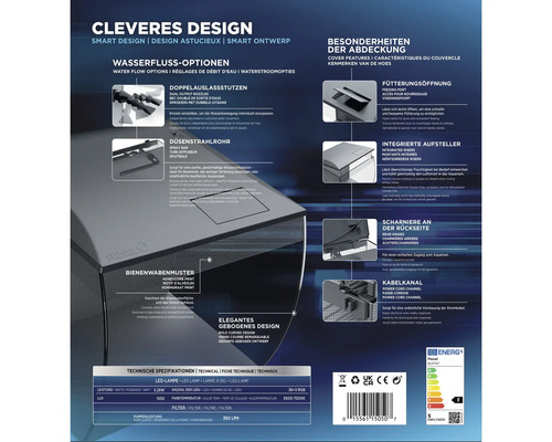 Produktinformationen zu einem Aquarium mit cleverem Design, Wasserflussoptionen, Doppelauslassstutzen, Düsenstrahlrohr, Bienenwabenmuster, elegantem gebogenem Design, Besonderheiten der Abdeckung, Fütterungsöffnung, integrierten Aufstellern,...