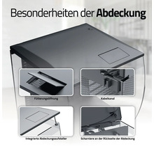Aquariumabdeckung mit Futterklappe, Kabelführung und integrierten Abdeckungsaufstellern.