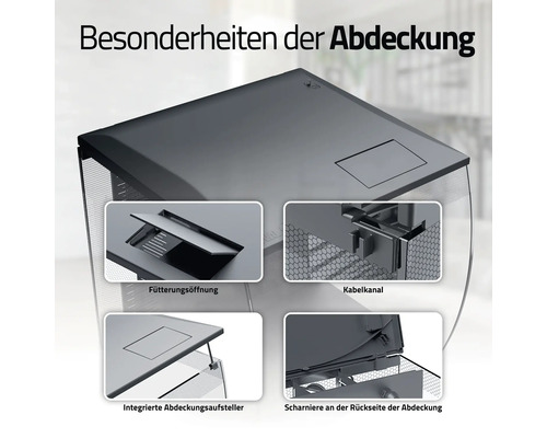 Aquariumabdeckung mit Futterklappe, Kabelführung und integrierten Abdeckungsaufstellern.