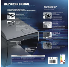 Merkmale des Fluval Aquariums, einschließlich Wasserdurchflussoptionen, Abdeckung, LED Lampe und technischen Spezifikationen