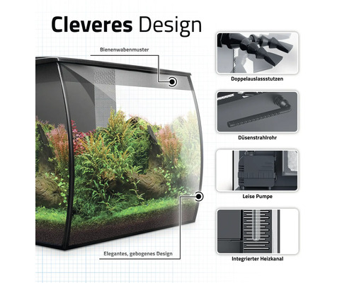 Aquarium mit gebogenem Design, Bienenwabenmuster, Doppelauslassstutzen, Düsenstrahlrohr, leiser Pumpe und integriertem Heizkanal