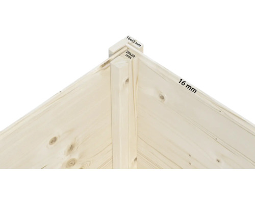 Detailansicht einer Holzecke mit Maßangaben 16 mm, 16 x 45 mm und 28 x 28 mm.