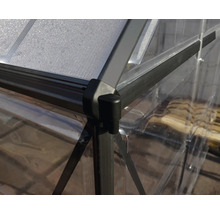 Detailaufnahme eines Gewächshauses mit Aluminiumrahmen und Polycarbonatplatten