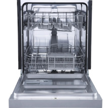 Offener Geschirrspüler mit Innenraum, Geschirrkörben und Spülarmen.