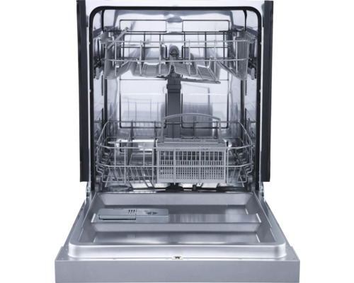 Offener Geschirrspüler mit Innenraum, Geschirrkörben und Spülarmen.