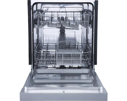 Offener Geschirrspüler mit Besteckkörben und Geschirrspülarmen