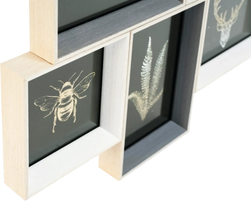 Collage-Bilderrahmen mit Motiven von Biene, Farn und Hirsch