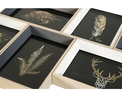Mehrfachbilderrahmen mit Illustrationen von Blatt, Feder und Hirsch