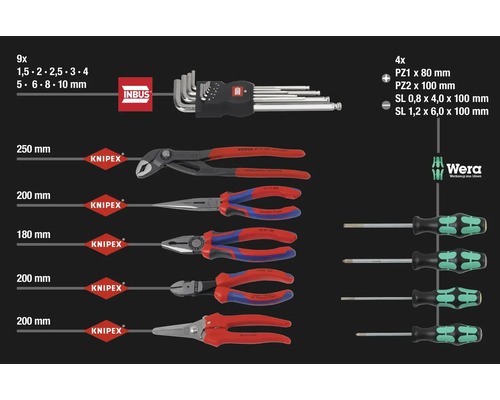 Sortiment verschiedener Handwerkzeuge, darunter Inbusschlüssel, Zangen und Schraubendreher