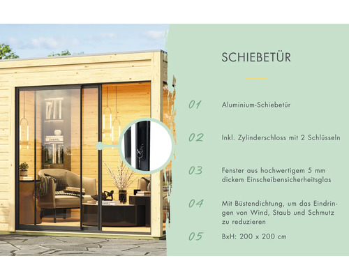 Aluminium Schiebetür mit Zylinderschloss und Sicherheitsglas für Gartenhaus