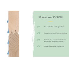 38 Millimeter Wandprofil aus nordischer Fichte mit doppelter Nut- und Federverbindung
