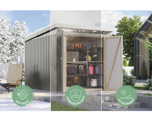Gartenschrank aus Metall mit den Eigenschaften: wetterfest, Korrosionsschutz, UV-beständig