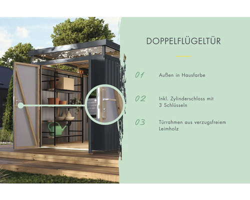 Gartenschrank mit Doppelflügeltür, Zylinderschloss und Türrahmen aus Leimholz