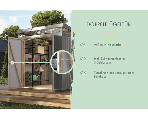 Doppeltür für Gartenhaus mit Zylinderschloss und drei Schlüsseln