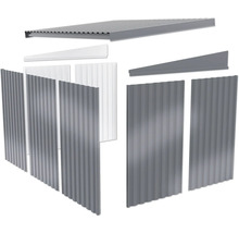 Einzelne Elemente eines Gerätehauses.