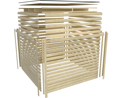 Explosionsdarstellung eines Gerätehauses aus Holzlatten