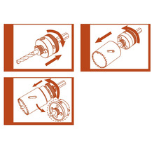 Illustration einer Lochsäge mit Bohrer und Befestigung