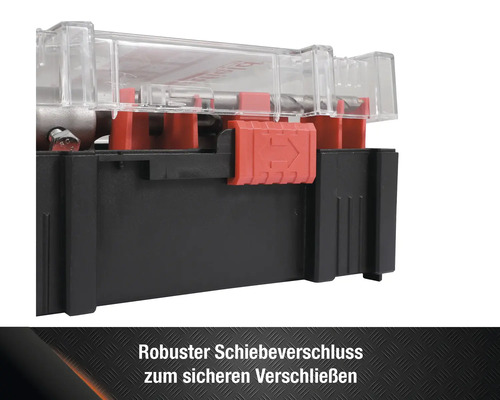 Detailaufnahme eines Bohrer-Sets in einem Werkzeugkoffer mit transparentem Deckel und rotem Schiebeverschluss