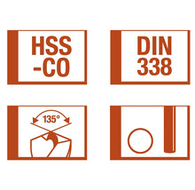 Symbole für Bohrer: HSS-CO, DIN 338, 135 Grad Spitzenwinkel, Bohrerdurchmesser