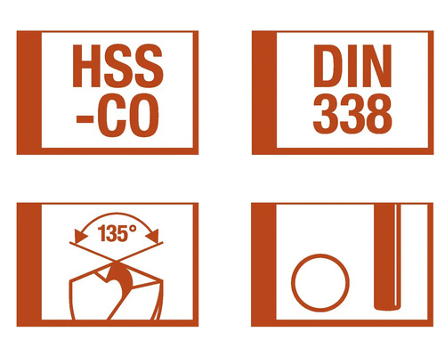 Symbole für Bohrer: HSS-CO, DIN 338, 135 Grad Spitzenwinkel, Bohrerdurchmesser
