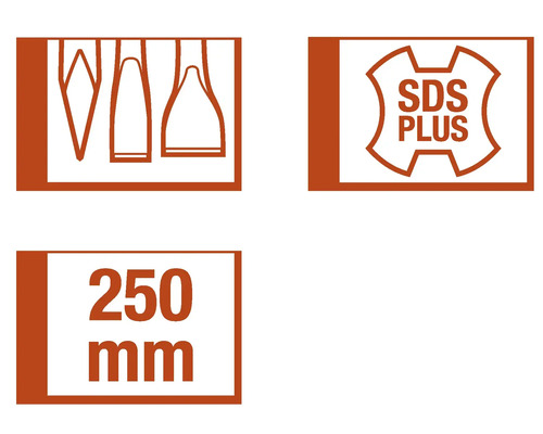 Symbol für Bohrerform, SDS Plus und 250 Millimeter
