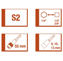 Informationen zum S2-Stahl, der ¼-Zoll-Sechskantaufnahme, der ¼-Zoll- und 3/8-Zoll-Vierkantaufnahme sowie zum 55 Millimeter langen Bithalter und den Steckschlüsseleinsätzen mit 8, 10 und 13 Millimetern