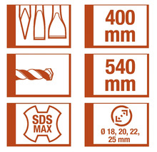 Symbole und Maße eines Bohrers: Bohrerformen, 400 mm, 540 mm, SDS Max, Durchmesser 18 mm, 20 mm, 22 mm, 25 mm