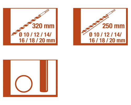 Informationen zu Holzbohrern mit den Maßen 320 mm und 250 mm sowie den Durchmessern 10, 12, 14, 16, 18 und 20 mm.